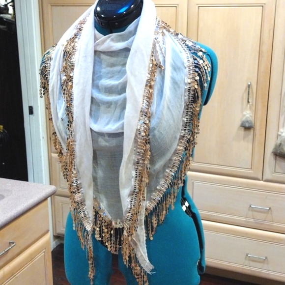 ✨Vintage Silk Scarf With Gold Sequin Fringe - Picture 6 of 8